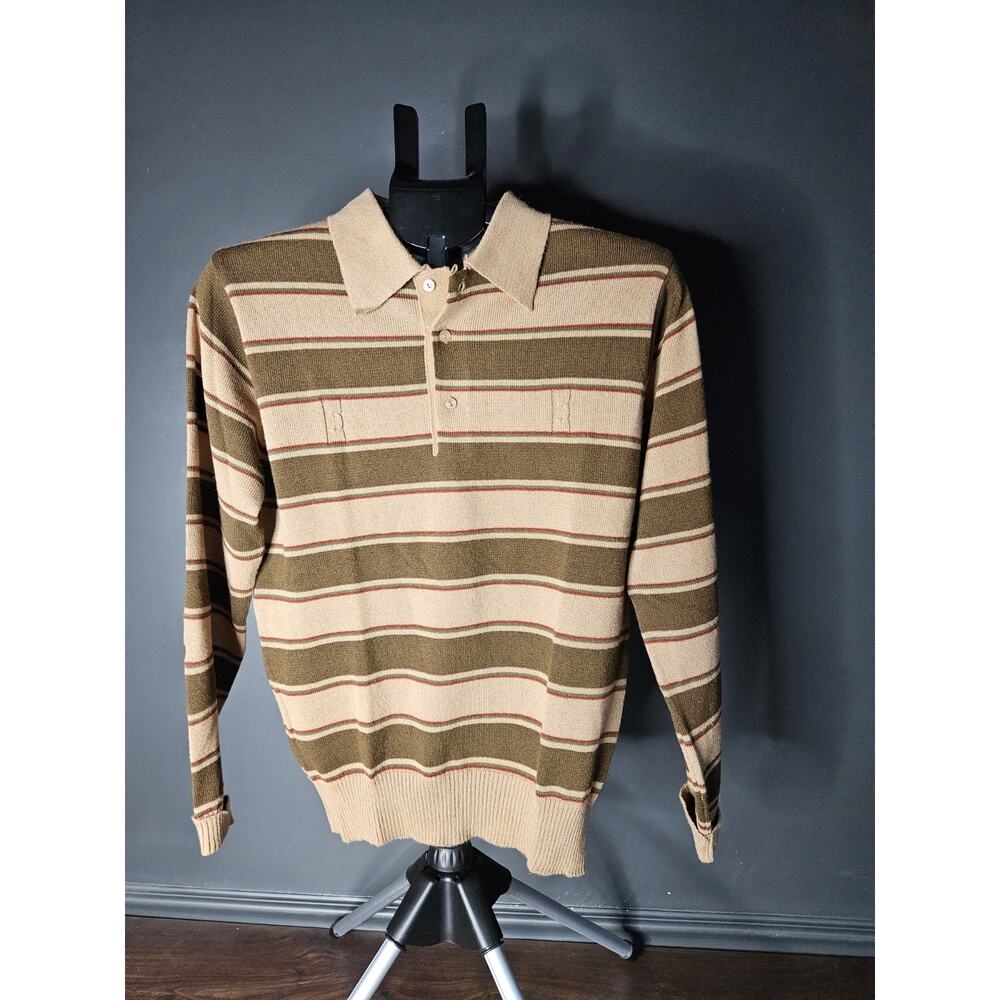 Vintage MISTER Man Shirt Acrylic Knit Medium Collar Long Sleeve Brown Striped